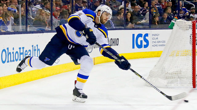COLUMBUS, OH - MARCH 24: Joel Edmundson #6 of the St. Louis Blues controls the puck during the game against the Columbus Blue Jackets on March 24, 2018 at Nationwide Arena in Columbus, Ohio. *** Local Caption *** Joel Edmundson