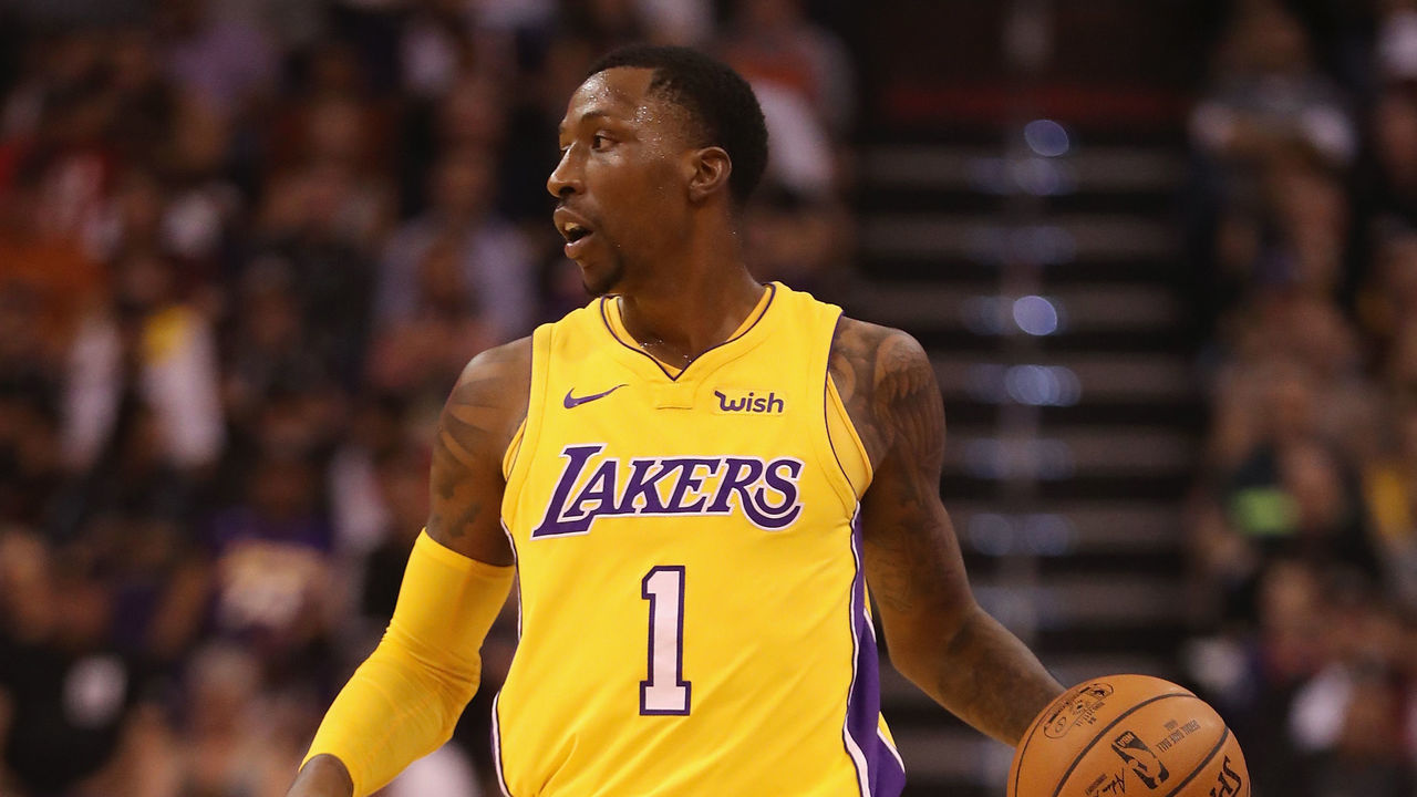 PHOENIX, AZ - NOVEMBER 13: Kentavious Caldwell-Pope #1 of the Los Angeles Lakers handles the ball during the NBA game against the Phoenix Suns at Talking Stick Resort Arena on November 13, 2017 in Phoenix, Arizona. The Lakers defeated the Suns 100-93.