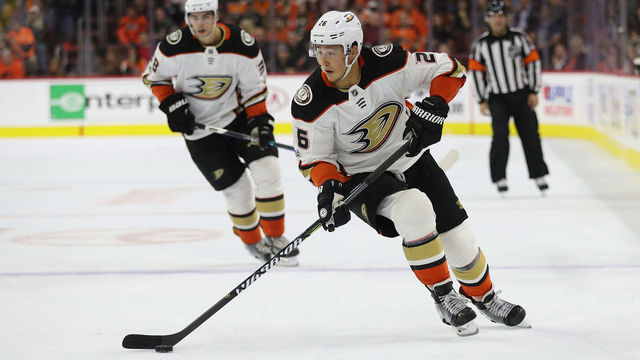PHILADELPHIA, PA - OCTOBER 24: Brandon Montour #26 of the Anaheim Ducks skates with the puck against the Philadelphia Flyers during the first period at Wells Fargo Center on October 24, 2017 in Philadelphia, Pennsylvania.