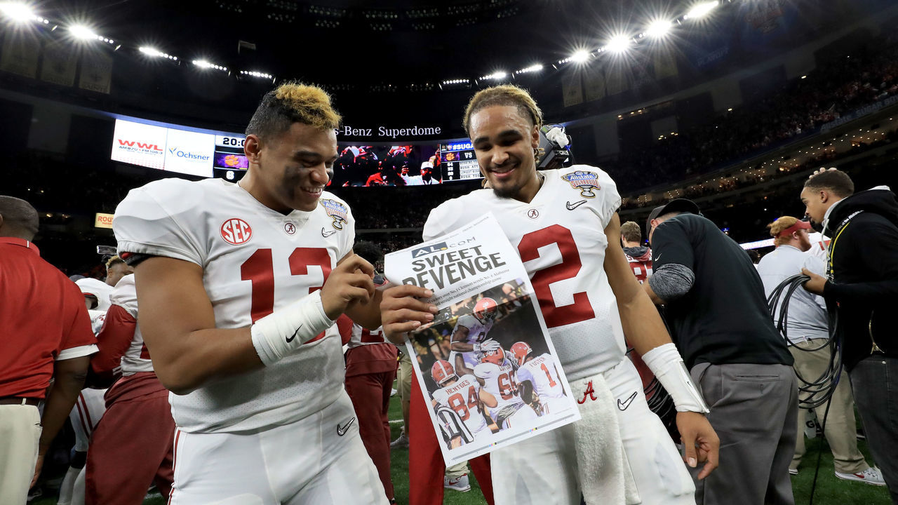 NEW ORLEANS, LA - JANUARY 01: Jalen Hurts #2 of the Alabama Crimson Tide and Tua Tagovailoa #13 celebrate after winning the AllState Sugar Bowl against the Clemson Tigers at the Mercedes-Benz Superdome on January 1, 2018 in New Orleans, Louisiana.