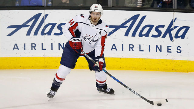 SAN JOSE, CA - MARCH 10: Brooks Orpik #44 of the Washington Capitals looks to pass the puck in the second period against the San Jose Sharks at SAP Center on March 10, 2018 in San Jose, California.