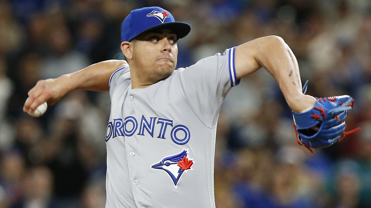 SEATTLE, WA - JUNE 10: Roberto Osuna #54 of the Toronto Blue Jays pitches in the ninth inning at Safeco Field on June 10, 2017 in Seattle, Washington. The Toronto Blue Jays beat the Seattle Mariners, 4-2.