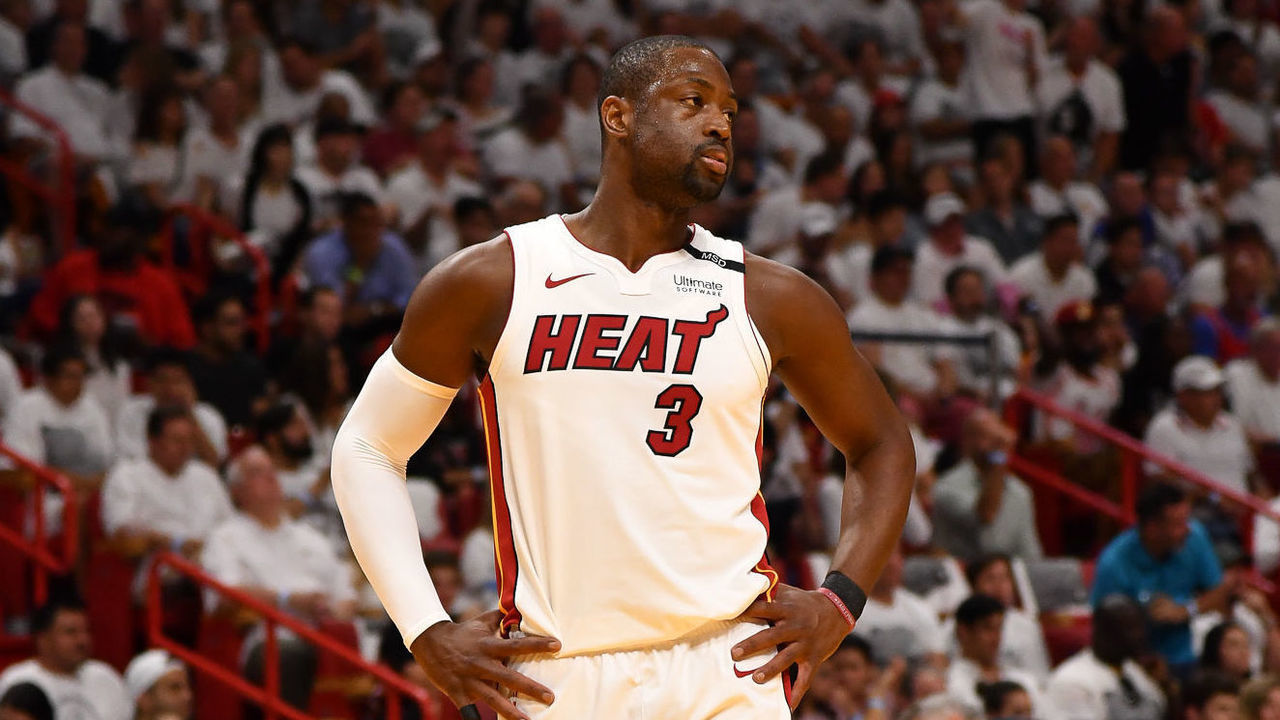 MIAMI, FL - APRIL 21: Dwyane Wade #3 of the Miami Heat waiting for the ball during the game against the Philadelphia 76ers at Game Four of Round One of the 2018 NBA Playoffs at American Airlines Arena on April 21, 2018 in Miami, Florida.