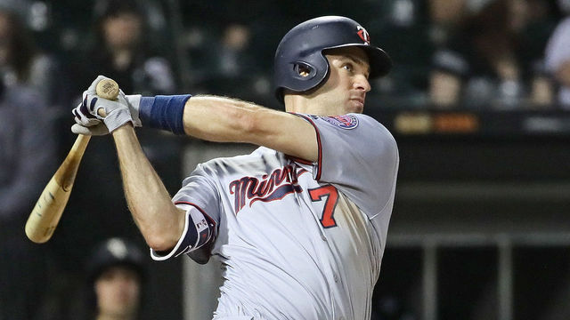 CHICAGO, IL - MAY 04: Joe Mauer #7 of the Minnesota Twins hits a single against the Chicago White Sox at Guaranteed Rate Field on May 4, 2018 in Chicago, Illinois. The Twins defeated the White Sox 6-4.