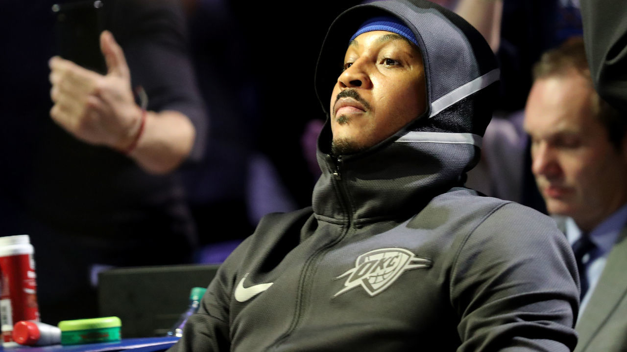 NEW YORK, NY - DECEMBER 16: Carmelo Anthony #7 of the Oklahoma City Thunder is introduced prior to taking on the New York Knicks during their game at Madison Square Garden on December 16, 2017 in New York City.