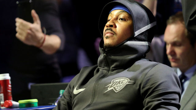 NEW YORK, NY - DECEMBER 16: Carmelo Anthony #7 of the Oklahoma City Thunder is introduced prior to taking on the New York Knicks during their game at Madison Square Garden on December 16, 2017 in New York City.