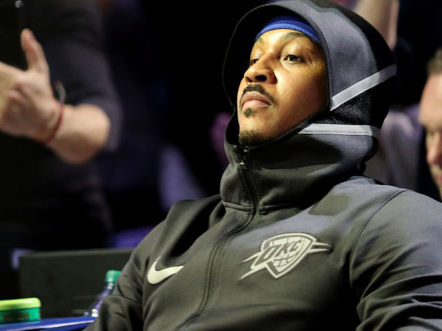NEW YORK, NY - DECEMBER 16: Carmelo Anthony #7 of the Oklahoma City Thunder is introduced prior to taking on the New York Knicks during their game at Madison Square Garden on December 16, 2017 in New York City.