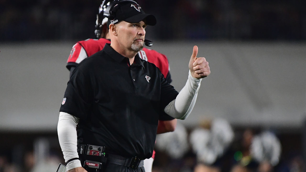 LOS ANGELES, CA - JANUARY 06: Head coach Dan Quinn of the Atlanta Falcons reacts from the sidelines during the second quarter of the NFC Wild Card Playoff game against the Los Angeles Rams at Los Angeles Coliseum on January 6, 2018 in Los Angeles, California.