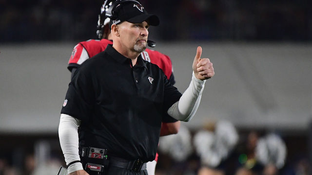 LOS ANGELES, CA - JANUARY 06: Head coach Dan Quinn of the Atlanta Falcons reacts from the sidelines during the second quarter of the NFC Wild Card Playoff game against the Los Angeles Rams at Los Angeles Coliseum on January 6, 2018 in Los Angeles, California.