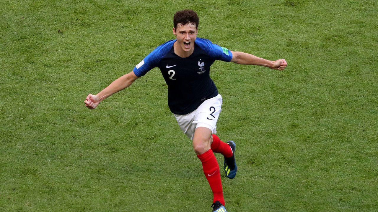 KAZAN, RUSSIA - JUNE 30: Benjamin Pavard of France celebrates after scoring his team's second goal during the 2018 FIFA World Cup Russia Round of 16 match between France and Argentina at Kazan Arena on June 30, 2018 in Kazan, Russia.