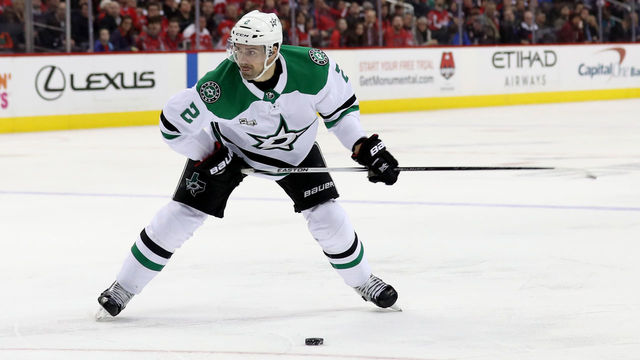WASHINGTON, DC - MARCH 20: Dan Hamhuis #2 of the Dallas Stars takes a shot on goal against the Washington Capitals at Capital One Arena on March 20, 2018 in Washington, DC.