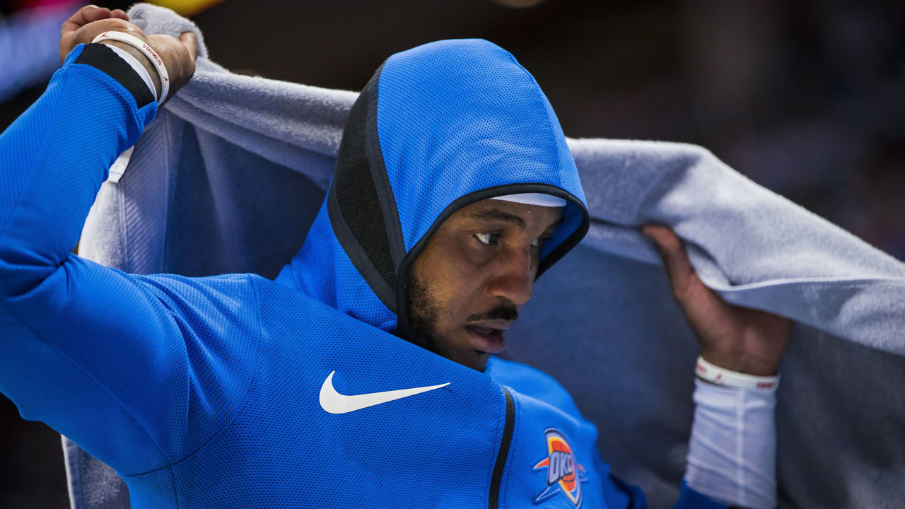 OKLAHOMA CITY, OK - APRIL 18: Carmelo Anthony #7 of the Oklahoma City Thunder during the game against the Utah Jazz in Game Two of Round One of the 2018 NBA Playoffs on April 18 2018 at Chesapeake Energy Arena in Oklahoma City, Oklahoma. Mandatory Copyright Notice: Copyright 2018 NBAE