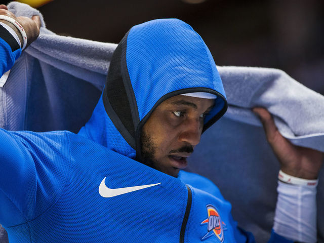 OKLAHOMA CITY, OK - APRIL 18: Carmelo Anthony #7 of the Oklahoma City Thunder during the game against the Utah Jazz in Game Two of Round One of the 2018 NBA Playoffs on April 18 2018 at Chesapeake Energy Arena in Oklahoma City, Oklahoma. Mandatory Copyright Notice: Copyright 2018 NBAE