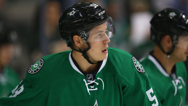 DALLAS, TX - SEPTEMBER 29: Mattias Janmark-Nylen #58 of the Dallas Stars at American Airlines Center on September 29, 2015 in Dallas, Texas.