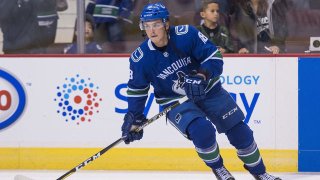 VANCOUVER, BC - SEPTEMBER 17: Jake Virtanen #18 of the Vancouver Canucks skates before a games against the Vegas Golden Knights in NHL pre-season action on September 17, 2017 at Rogers Arena in Vancouver, British Columbia, Canada. *** Local Caption ***