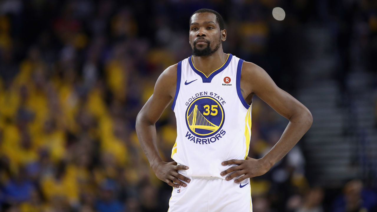 OAKLAND, CA - APRIL 24: Kevin Durant #35 of the Golden State Warriors stands on the court during their game against the San Antonio Spurs in Game Five of Round One of the 2018 NBA Playoffs at ORACLE Arena on April 24, 2018 in Oakland, California.