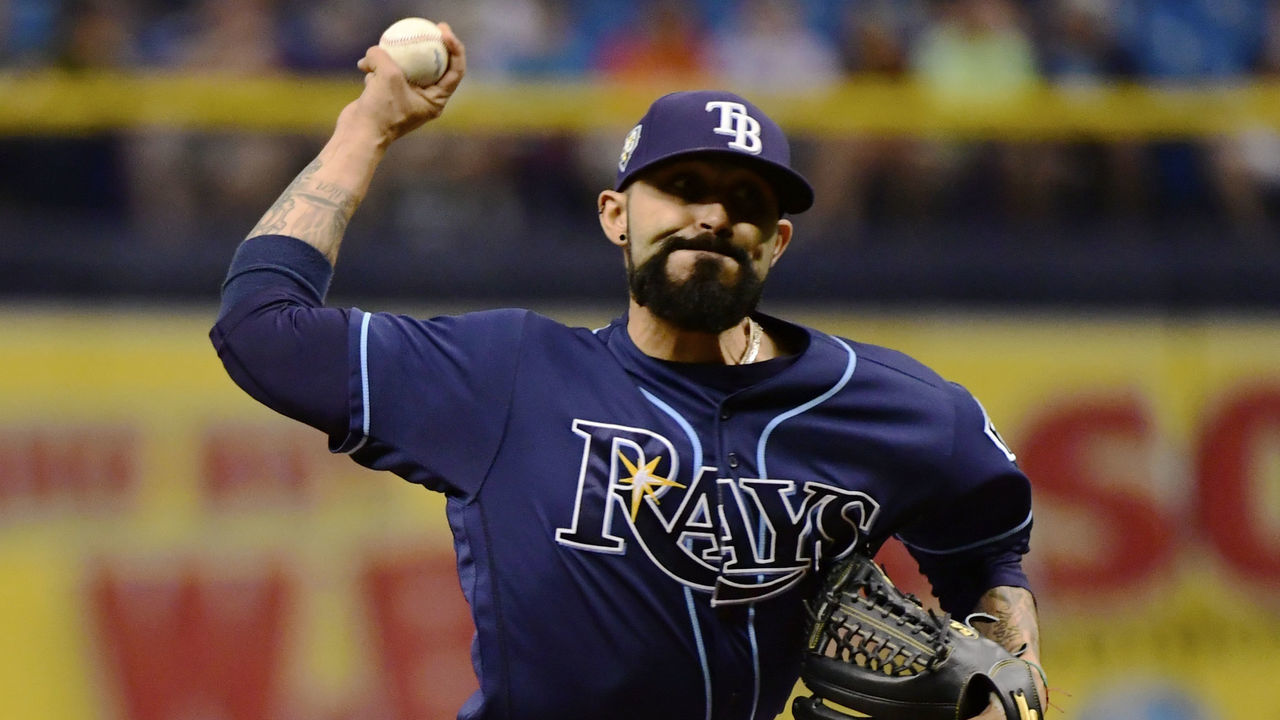 ST PETERSBURG, FL - JUNE 30: Sergio Romo #54 of the Tampa Bay Rays throws a pitch in the ninth inning against the Houston Astros on June 30, 2018 at Tropicana Field in St Petersburg, Florida.