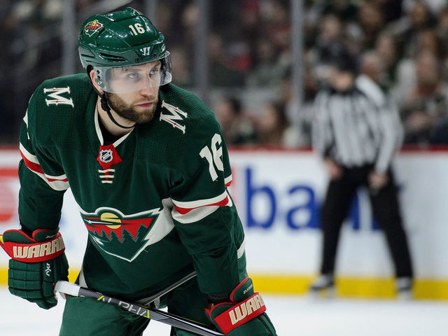 ST PAUL, MN - APRIL 2: Jason Zucker #16 of the Minnesota Wild looks on before a face-off against the Edmonton Oilers during the game on April 2, 2018 at Xcel Energy Center in St Paul, Minnesota. The Wild defeated the Oilers 3-0.