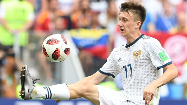 Russia's midfielder Aleksandr Golovin controls the ball during the Russia 2018 World Cup round of 16 football match between Spain and Russia at the Luzhniki Stadium in Moscow on July 1, 2018.