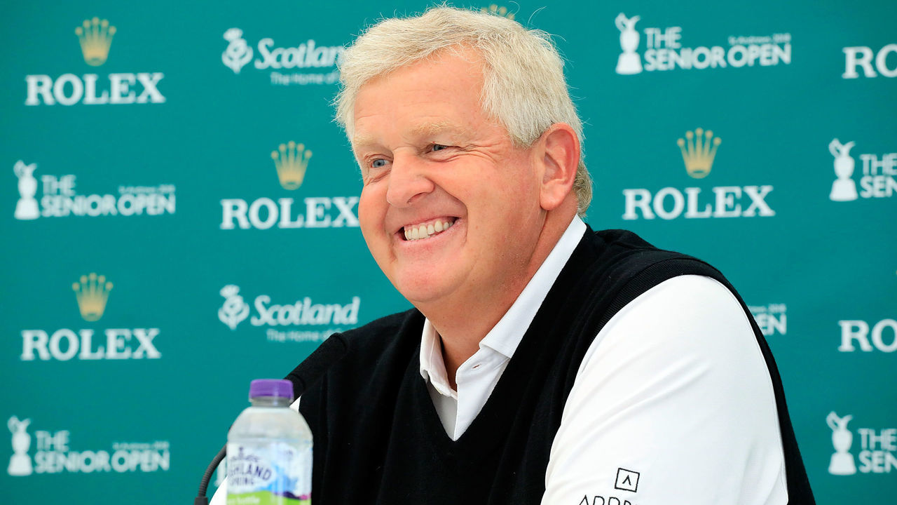 ST ANDREWS, SCOTLAND - JULY 25: Colin Montgomerie of Scotland in media interview during previews for The Senior Open presented by Rolex held at The Old Course on July 25, 2018 in St Andrews, Scotland.