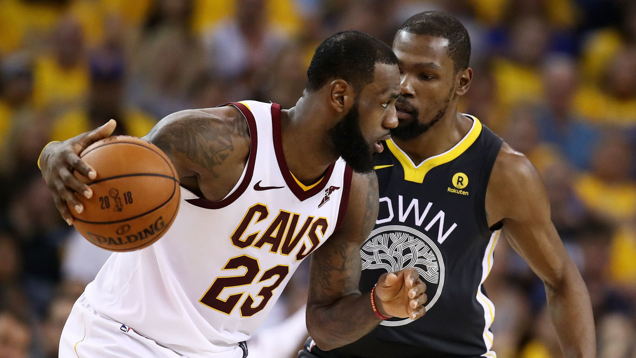 OAKLAND, CA - JUNE 03: LeBron James #23 of the Cleveland Cavaliers drives against Kevin Durant #35 of the Golden State Warriors in Game 2 of the 2018 NBA Finals at ORACLE Arena on June 3, 2018 in Oakland, California.