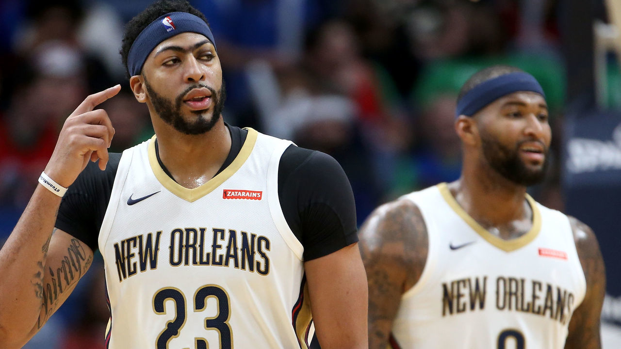 NEW ORLEANS, LA - OCTOBER 30: Anthony Davis #23 of the New Orleans Pelicans and DeMarcus Cousins #0 of the New Orleans Pelicans talk during the game against the Orlando Magic at the Smoothie King Center on October 30, 2017 in New Orleans, Louisiana.