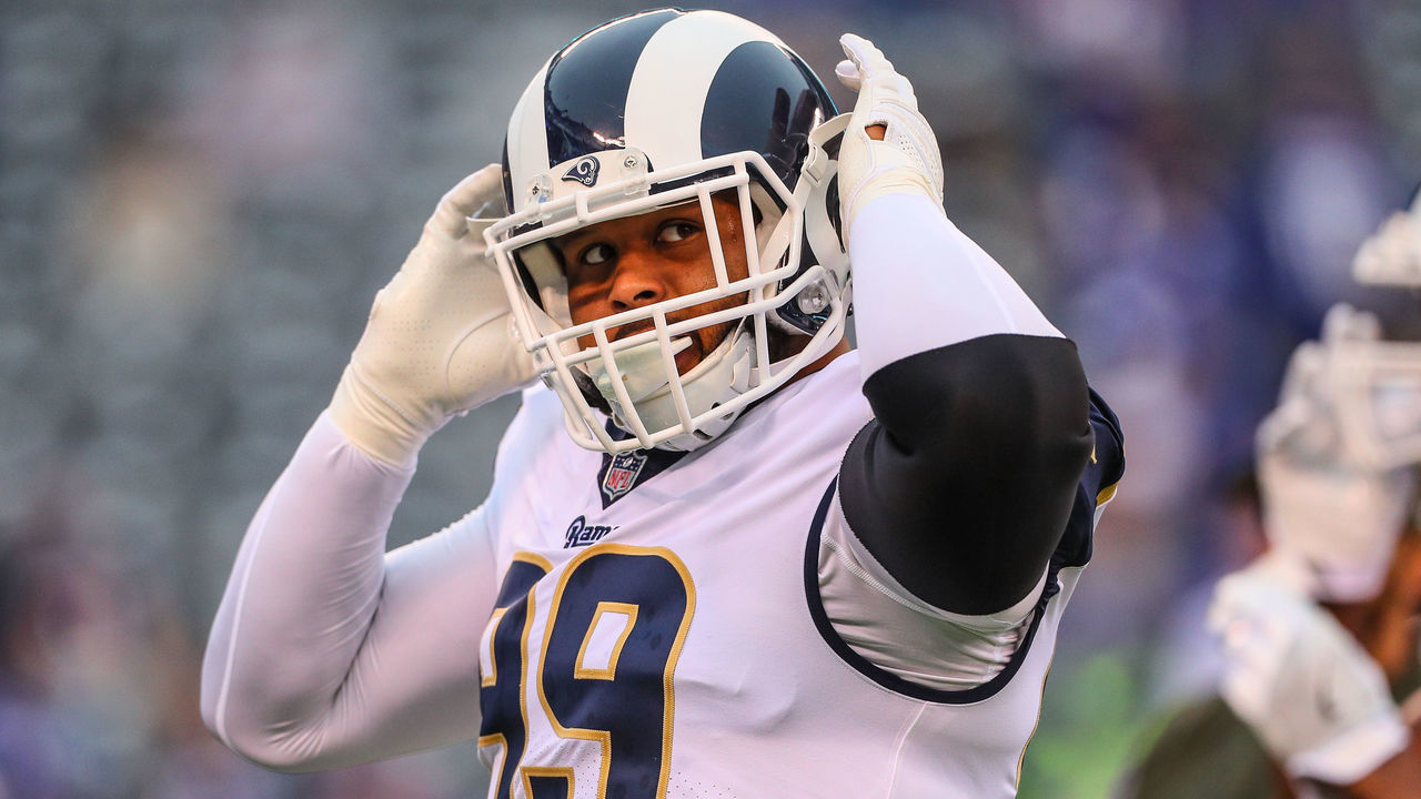 EAST RUTHERFORD, NJ - NOVEMBER 05: Los Angeles Rams defensive end Aaron Donald (99) warms up prior to the National Football League game between the New York Giants and the Los Angeles Rams on November 5, 2017, at Met Life Stadium in East Rutherford, NJ.
