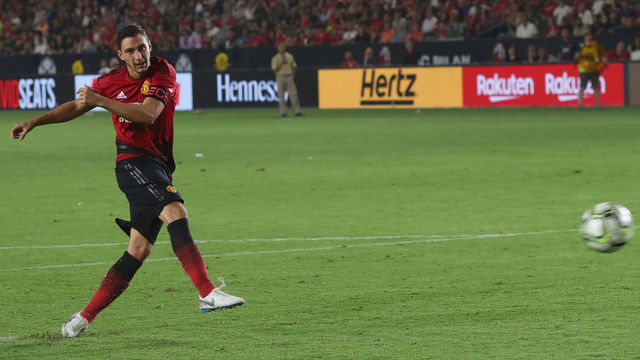 PASADENA, CA - JULY 25: Matteo Darmian of Manchester United takes a penalty during a penalty shoot-out during the pre-season friendly match between Manchester United and AC Milan at Rose Bowl on July 25, 2018 in Pasadena, California.