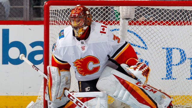 NEWARK, NJ - FEBRUARY 08: David Rittich #33 of the Calgary Flames in action against the New Jersey Devils on February 8, 2018 at Prudential Center in Newark, New Jersey. The Flames defeated the Devils 3-2.