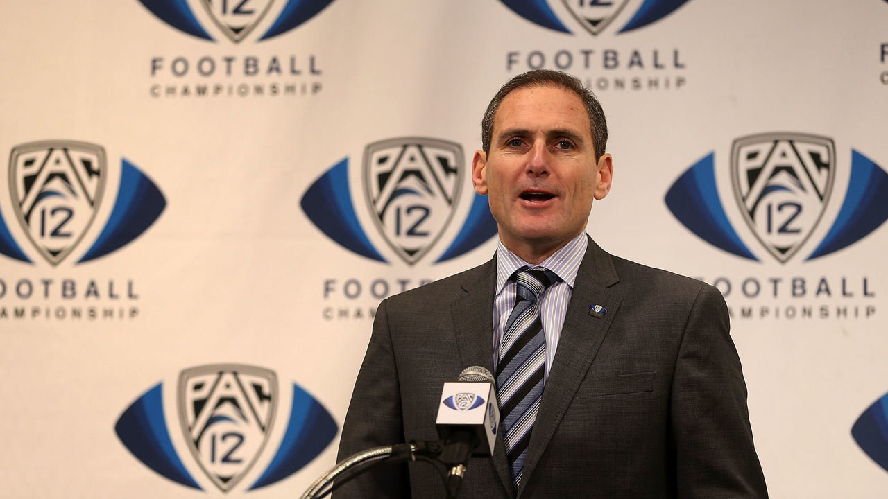TEMPE, AZ - DECEMBER 07: Pac-12 Commissioner, Larry Scott speaks at a press conference before the Pac 12 Championship game between the Arizona State Sun Devils and the Stanford Cardinal at Sun Devil Stadium on December 7, 2013 in Tempe, Arizona.