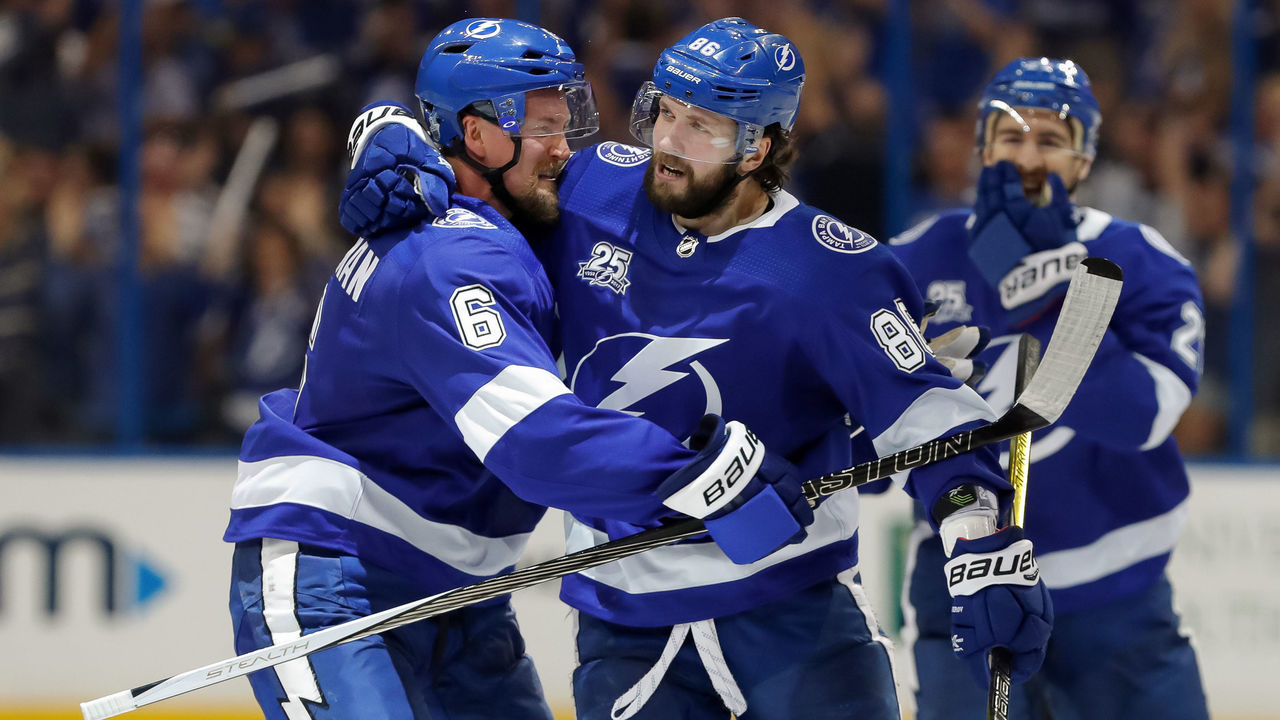 TAMPA, FL - APRIL 21: Nikita Kucherov #86 of the Tampa Bay Lightning celebrates a goal against the New Jersey Devils with teammate Anton Stralman #6 in the third period of Game Five of the Eastern Conference First Round during the 2018 NHL Stanley Cup Playoffs at Amalie Arena on April 21, 2018 in Tampa, Florida. *** Local Caption *** Nikita Kucherov;Anton Stralman