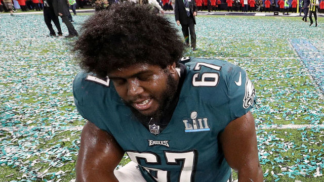 MINNEAPOLIS, MN - FEBRUARY 04: Chance Warmack #67 of the Philadelphia Eagles celebrates after defeating the New England Patriots 41-33 in Super Bowl LII at U.S. Bank Stadium on February 4, 2018 in Minneapolis, Minnesota.
