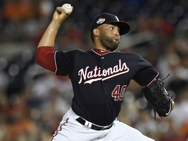 WASHINGTON, DC - JUNE 19: Kelvin Herrera #40 of the Washington Nationals pitches in the eighth inning against the Baltimore Orioles at Nationals Park on June 19, 2018 in Washington, DC.