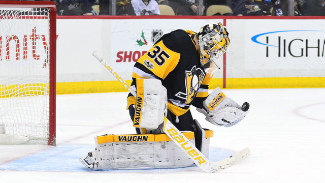 PITTSBURGH, PA - DECEMBER 09: Tristan Jarry #35 of the Pittsburgh Penguins makes a save against the Toronto Maple Leafs at PPG PAINTS Arena on December 9, 2017 in Pittsburgh, Pennsylvania.