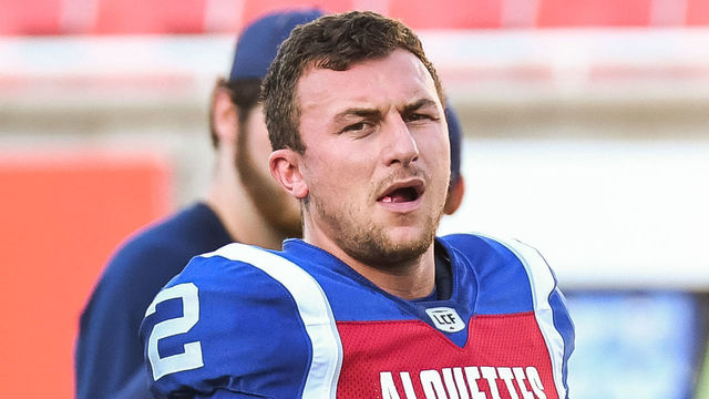 MONTREAL, QC - JULY 26: Look on Montreal Alouettes Quarterback Johnny Manziel (2) at warm-up before the Edmonton Eskimos versus the Montreal Alouettes game on July 26, 2018, at Percival Molson Memorial Stadium in Montreal, QC