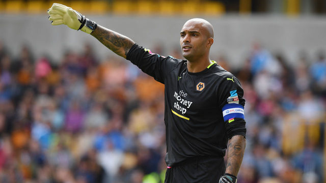 WOLVERHAMPTON, ENGLAND - JULY 30: Carl Ikeme of Wolves gestures during the friendly match between Wolverhampton Wanderers and Swansea City at Molineux on July 30, 2016 in Wolverhampton, England.