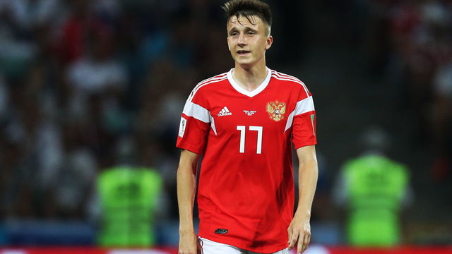 SOCHI, RUSSIA - JULY 7, 2018: Russia's Alexander Golovin in the 2018 FIFA World Cup Quarterfinal match against Croatia at Fisht Stadium. Croatia won the game on penalties 4-3. Mikhail Tereshchenko/TASS