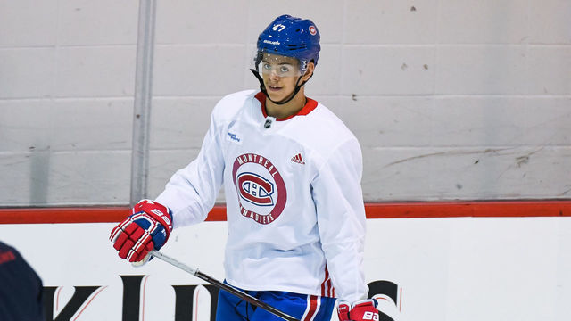 BROSSARD, QC - JUNE 29: Look pn Montreal Canadiens Prospect Centre Jesperi Kotkaniemi (47) during the Montreal Canadiens Development Camp on June 29, 2018, at Bell Sports Complex in Brossard, QC