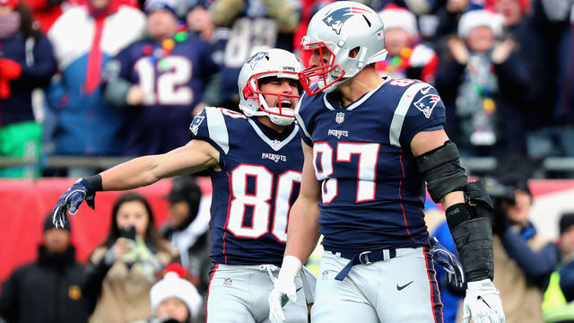 FOXBORO, MA - DECEMBER 24: Rob Gronkowski #87 of the New England Patriots reacts with Danny Amendola #80 after catching a touchdown pass during the second quarter of a game against the Buffalo Bills at Gillette Stadium on December 24, 2017 in Foxboro, Massachusetts.