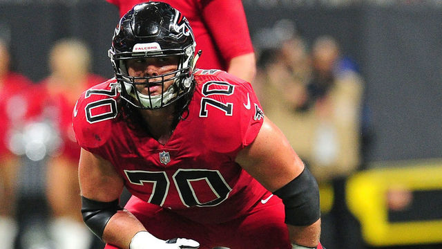 ATLANTA, GA - DECEMBER 7: Jake Matthews #70 of the Atlanta Falcons gets set for a play against the New Orleans Saints at Mercedes-Benz Stadium on December 7, 2017 in Atlanta, Georgia.