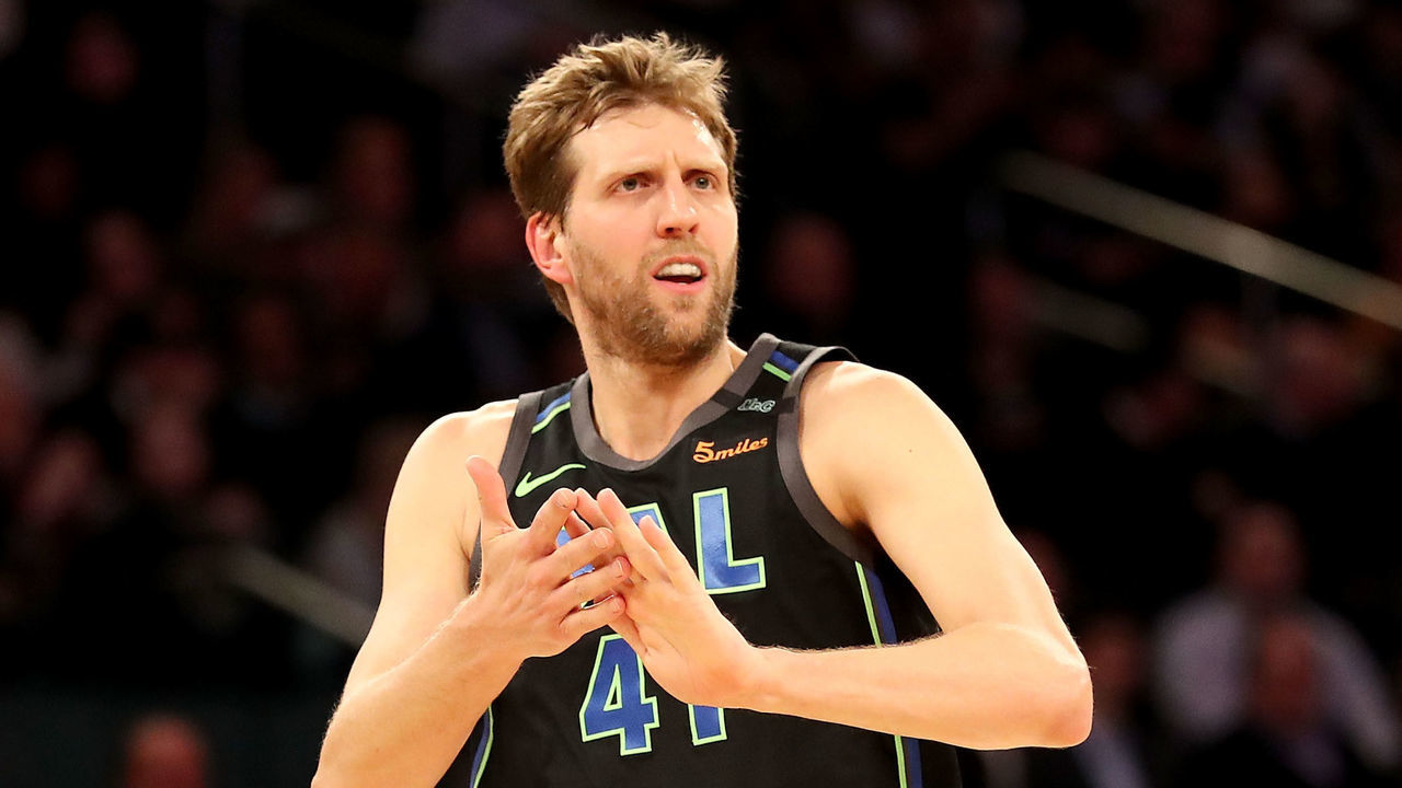 NEW YORK, NY - MARCH 13: (EDITOR'S NOTE: Alternate crop) Dirk Nowitzki #41 of the Dallas Mavericks reacts in the third quarter against the New York Knicks during their game at Madison Square Garden on March 13, 2018 in New York City.