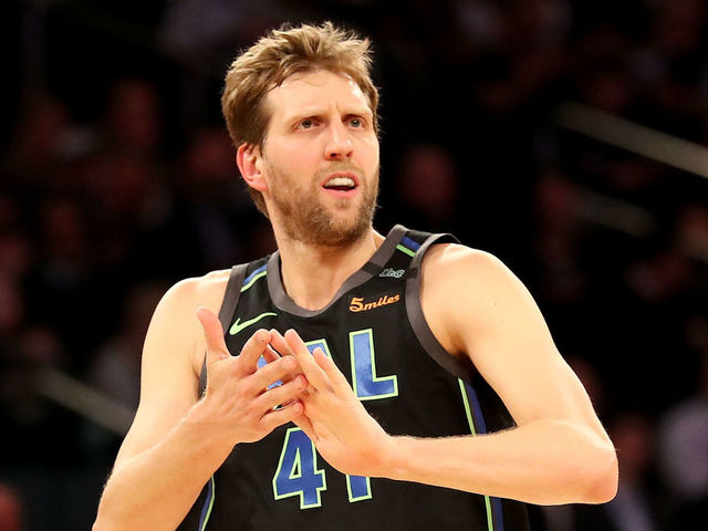 NEW YORK, NY - MARCH 13: (EDITOR'S NOTE: Alternate crop) Dirk Nowitzki #41 of the Dallas Mavericks reacts in the third quarter against the New York Knicks during their game at Madison Square Garden on March 13, 2018 in New York City.