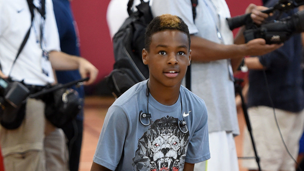 LAS VEGAS, NV - AUGUST 12: LeBron James Jr., son of LeBron James #27 of the 2015 USA Basketball Men's National Team, shoots during a practice session at the Mendenhall Center on August 12, 2015 in Las Vegas, Nevada.