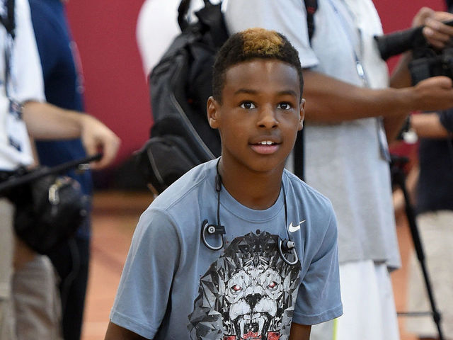 LAS VEGAS, NV - AUGUST 12: LeBron James Jr., son of LeBron James #27 of the 2015 USA Basketball Men's National Team, shoots during a practice session at the Mendenhall Center on August 12, 2015 in Las Vegas, Nevada.