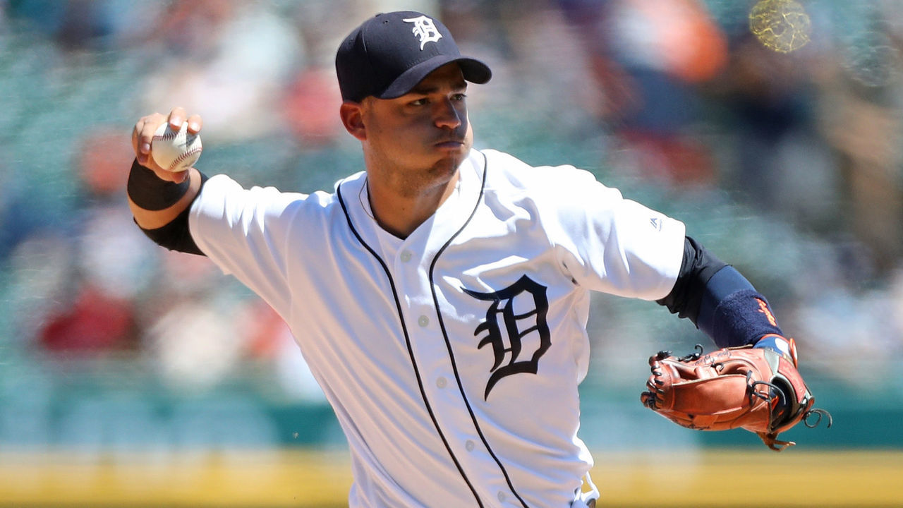 DETROIT, MI - JULY 8: Jose Iglesias #1 of the Detroit Tigers makes the throw to first base during the sixth inning of the game against the Texas Rangers at Comerica Park on July 8, 2018 in Detroit, Michigan.