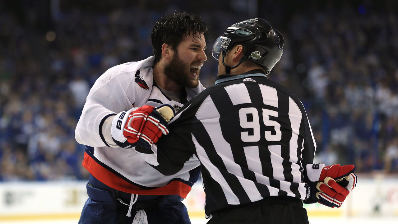 TAMPA, FL - MAY 23: Tom Wilson #43 of the Washington Capitals argues with linesman Jonny Murray #95 during the first period in Game Seven of the Eastern Conference Finals during the 2018 NHL Stanley Cup Playoffs at Amalie Arena on May 23, 2018 in Tampa, Florida.