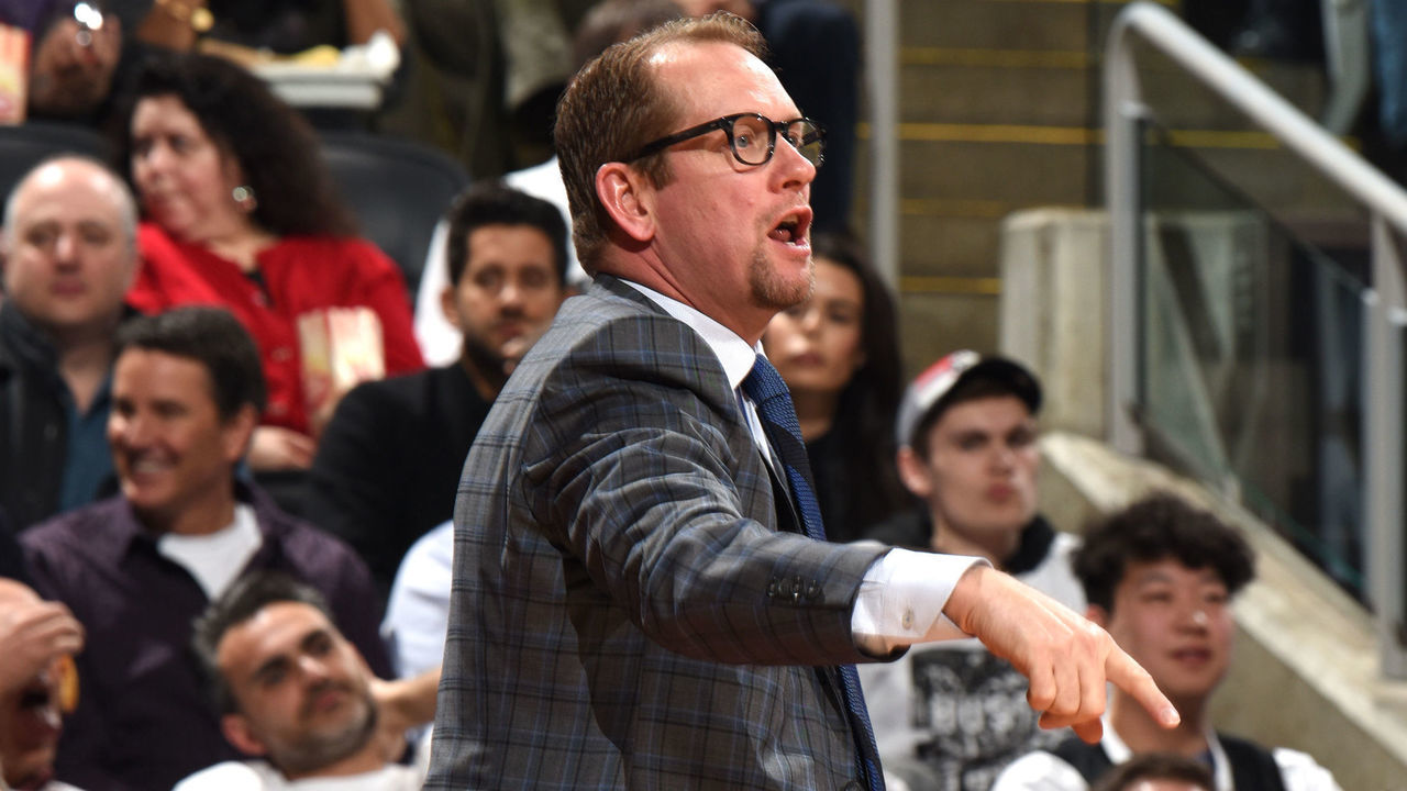 TORONTO, CANADA - APRIL 17: Nick Nurse of the Toronto Raptors reacts to a play in Game Two of Round One of the 2018 NBA Playoffs on April 17, 2018 at the Air Canada Centre in Toronto, Ontario, Canada. Mandatory Copyright Notice: Copyright 2018 NBAE