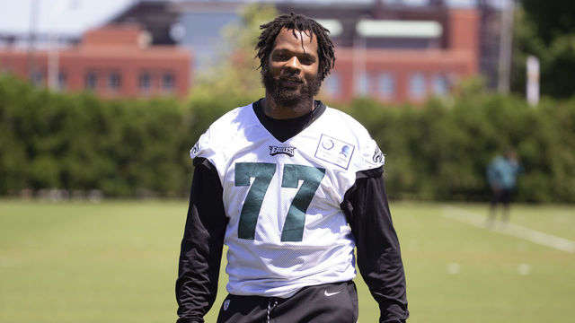 PHILADELPHIA, PA - JUNE 12: Michael Bennett #77 of the Philadelphia Eagles walks off the field after Eagles minicamp at the NovaCare Complex on June 12, 2018 in Philadelphia, Pennsylvania.