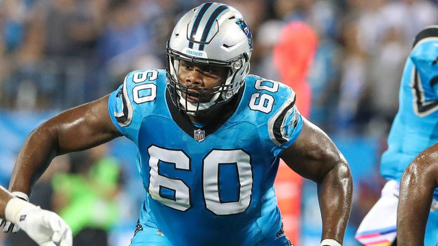 CHARLOTTE, NC - OCTOBER 12: Carolina Panthers offensive tackle Daryl Williams (60) during first half action between the Carolina Panthers and the Philadelphia Eagles on October 12, 2017 at Bank of America Stadium in Charlotte, NC.