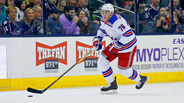COLUMBUS, OH - NOVEMBER 17: Brady Skjei #76 of the New York Rangers controls the puck during the game against the Columbus Blue Jackets on November 17, 2017 at Nationwide Arena in Columbus, Ohio.